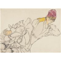 Портреты картины репродукции на заказ - Лежащая в пальто и красной шапке женщина