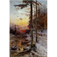 Закат в зимнем лесу с рекой