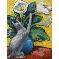 Кошка, играющая с цветами