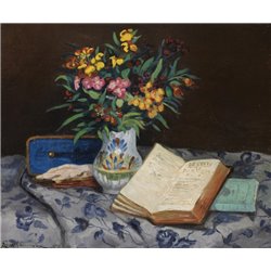 Натюрморт с синей коробкой для перчаток, книгой и букетом - Модульная картины, Репродукции, Декоративные панно, Декор стен
