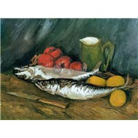 Портреты картины репродукции на заказ - Натюрморт со скумбрией, лимонами и помидорами