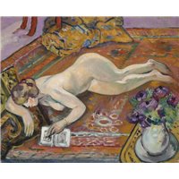 Портреты картины репродукции на заказ - Обнаженная, лежащая с книгой на ковре