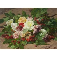 Розы и ветки вишни с ягодами