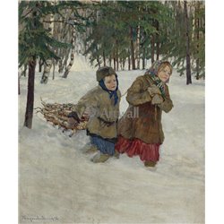 Тащат сани в зимнем лесу - Модульная картины, Репродукции, Декоративные панно, Декор стен