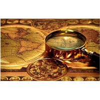 Портреты картины репродукции на заказ - Увеличительное стекло на карте мира - Фотообои винтаж