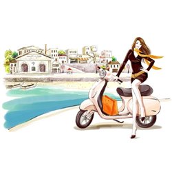 девочка на мопеде - Фотообои Иллюстрации - Модульная картины, Репродукции, Декоративные панно, Декор стен