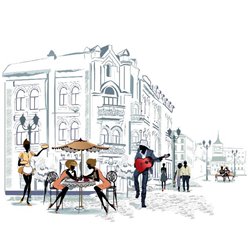 кафе на площади - Фотообои Иллюстрации - Модульная картины, Репродукции, Декоративные панно, Декор стен