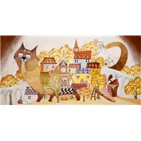 Портреты картины репродукции на заказ - Кот и сказочный город - Фотообои Арт