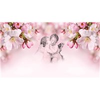 Портреты картины репродукции на заказ - Ангелочки среди цветов - 3D фотообои|3Д обои на кухню