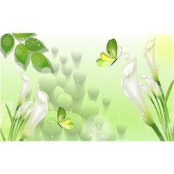 Салатовые бабочки над цветами - 3D фотообои|3Д обои на кухню - Модульная картины, Репродукции, Декоративные панно, Декор стен