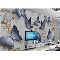 Портреты картины репродукции на заказ - Синие бабочки на стене - 3D фотообои|3D цветы
